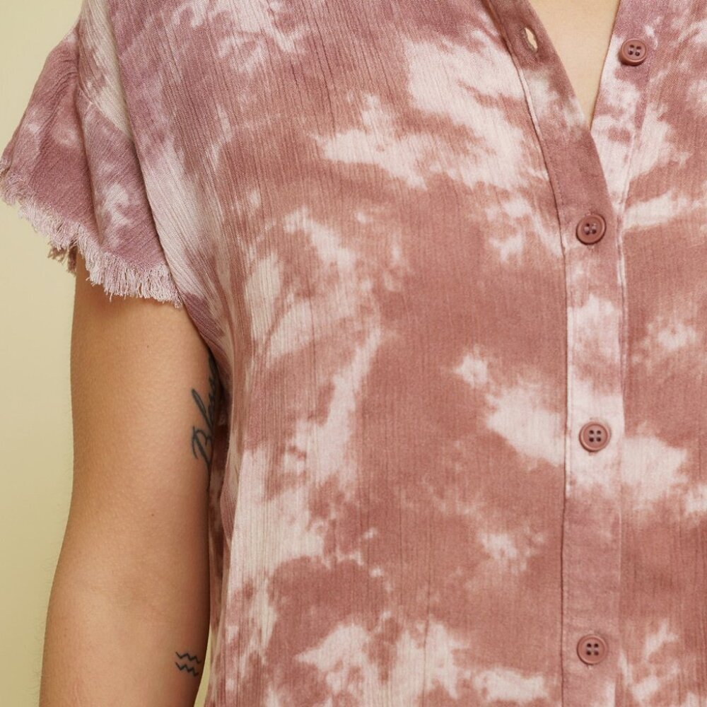 MYSTREE Tie Dye Button Front Short Sleeve Top Blouse Pink Mauve - Picture 7 of 7